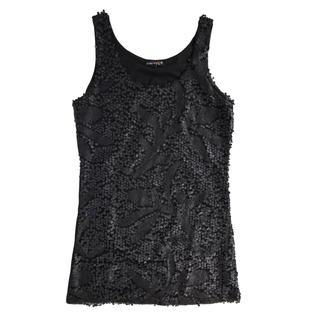 Chaudry KC Womens Black Sequin Tank Top Scoop Neck Sleeveless Party Blouse Med